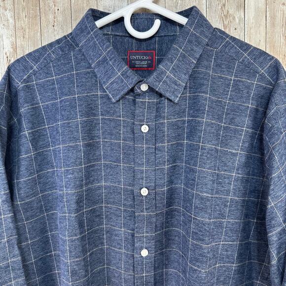 UNTUCKit Mens Button Up Shirt 3XL Gray Blue Windowpane Plaid 100% Cotton Flannel - Picture 3 of 7